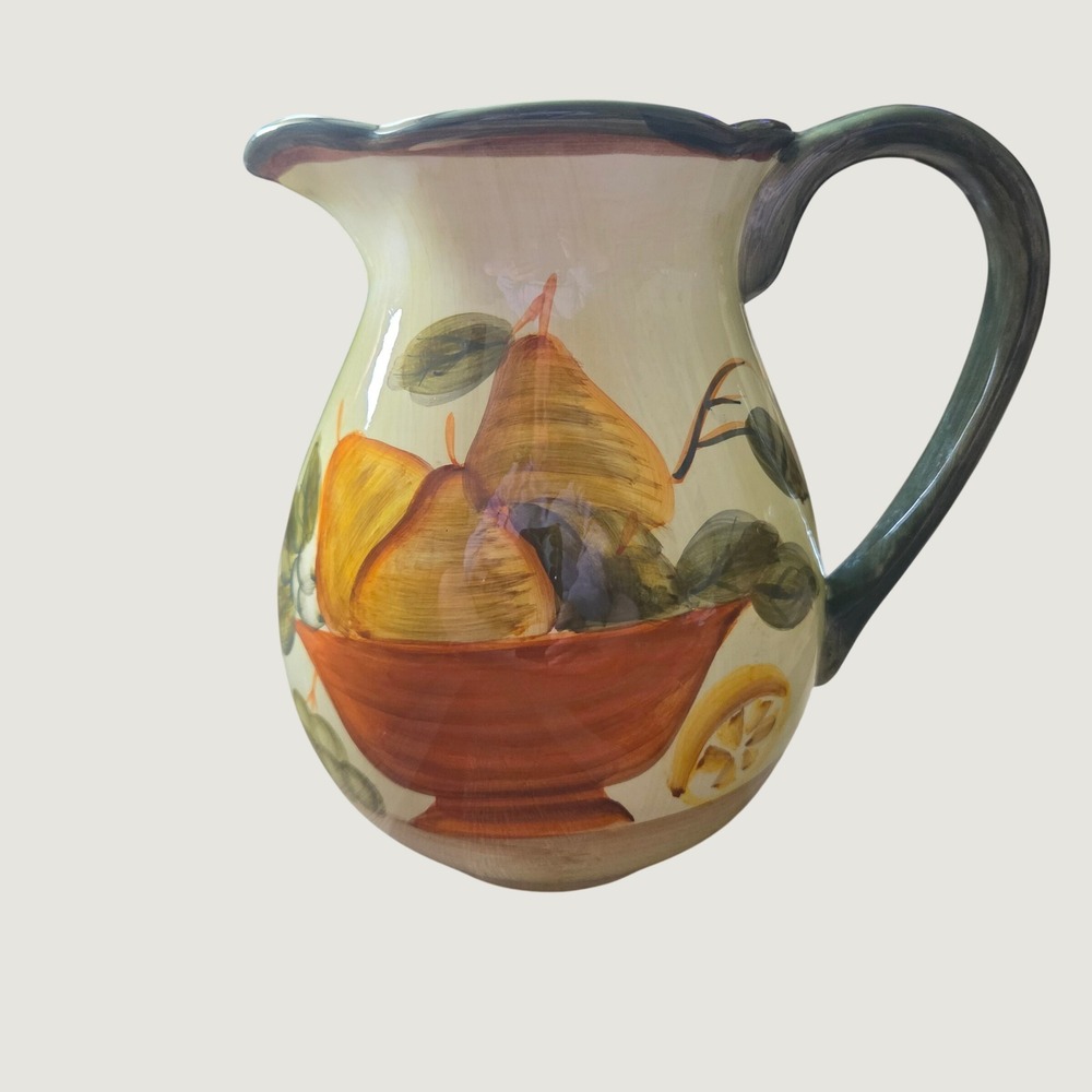 Aurora Italian Hand Painted Ceramic Pitcher Fruit Pear Design‎ Green Cream Vase
